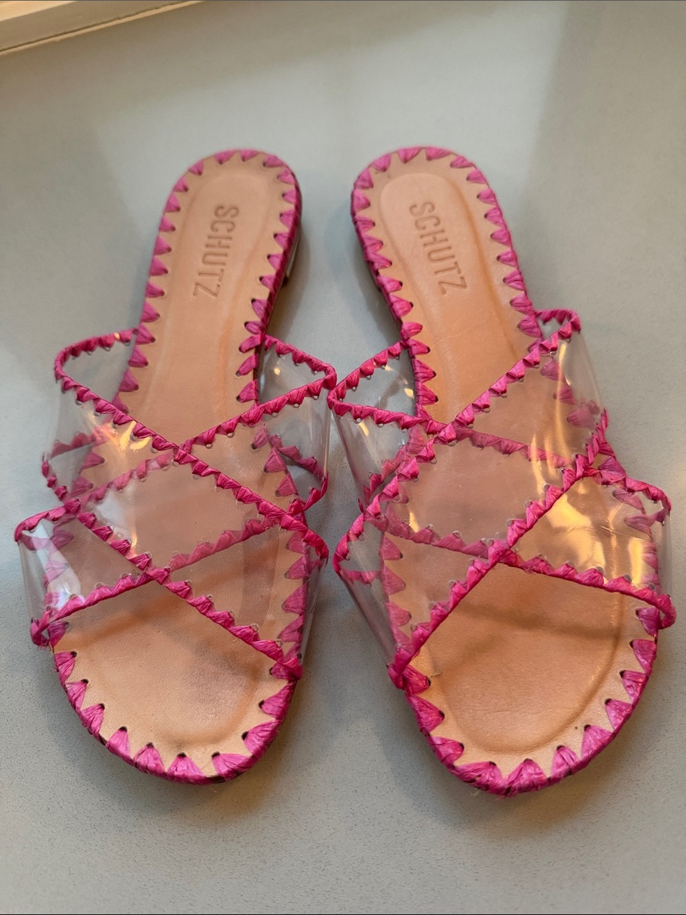 SCHUTZ Clear Slide Aya Sandals with Bright Pink Trim Size 7.5